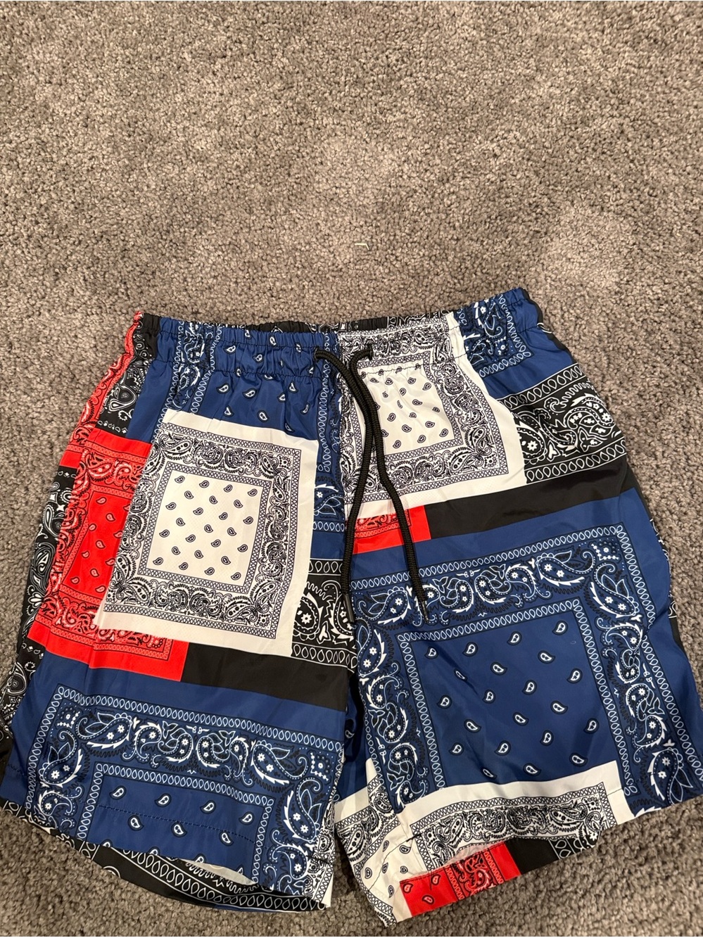 Men's Bandana Paisley Patch Swim Trunks - Blue/Red/White/Black